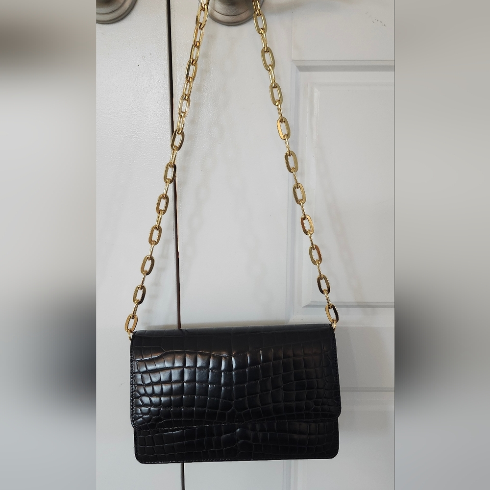 NWOT Carolee Cros Embossed Faux Leather Shoulder Bag Black Gold Chain